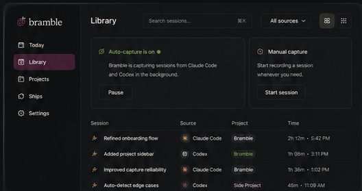 Bramble Library showing captured AI coding sessions