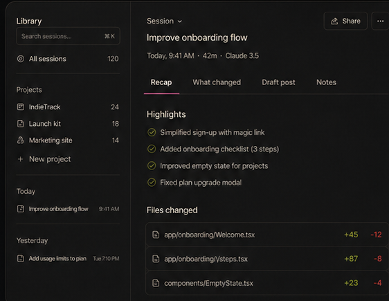 Bramble session open on the Recap tab, showing notes, what changed, and share drafts
